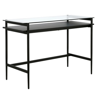 Eaton 46" Blackened Bronze Desk with Glass Top and Woodgrain Shelf