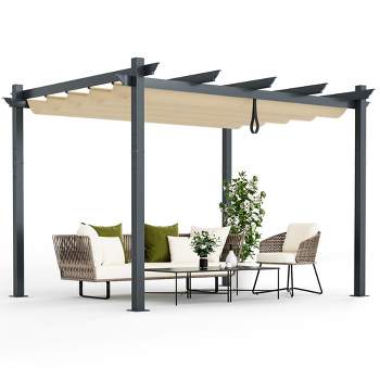 Costway 10x12ft Outdoor Aluminum Retractable Pergola Canopy Shelter Grape Trellis Beige/Gray