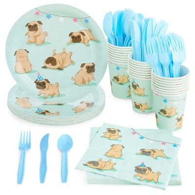 Juvale 144 Piece Dog Party Supplies, Pug Birthday Decorations with Paper Plates, Napkins, Cups, and Cutlery (Serves 24)