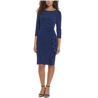 Jessica Howard Womens Glitter Knit Ruched Cocktail Dress, Blue, 14