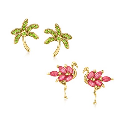 Ross-Simons 1.10 ct. t.w. Pink Topaz and .20 ct. t.w. Chrome Diopside Jewelry Set: 2 Pairs Of Tropical Earrings in 18kt Gold Over Sterling