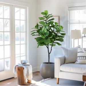 6ft Large Artificial Fiddle Leaf Fig Tree - 86 Lifelike Faux Ficus Leaves, Potted with Dry Glass. Low-Care Faux Plant for Home, Office Decor - 1 of 4