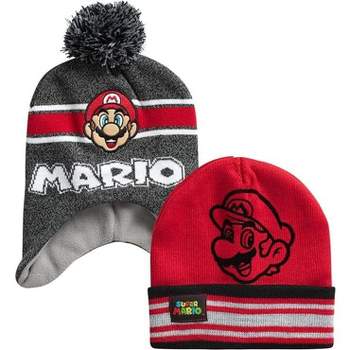 Super Mario Boys' Mario Winter Hat - 2 Pack Pom Pom Beanie Age 4-7