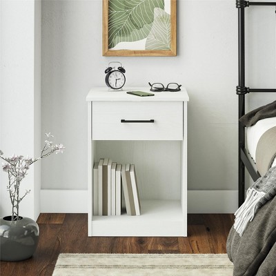 White Laminated Particleboard Nightstand with Drawer and Cubby