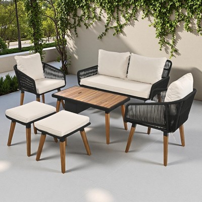 6-Piece Outdoor Patio Rope Conversation Sofa Set with Acacia Wood Cool Bar Table and 2 Stools