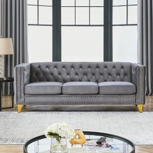 ChicFurnit Sofa Modern Velvet Button Tufted Square Arm 2 Seat / 3 Seat Sofa Comfortable and Stylish Seating Couches for Living Room, Gray/Beige/Beige - 1 of 4