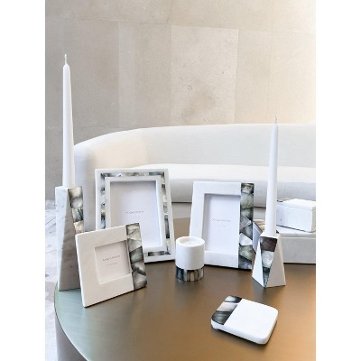 Small White Marble and Grey Mother of Pearl Candle Holder