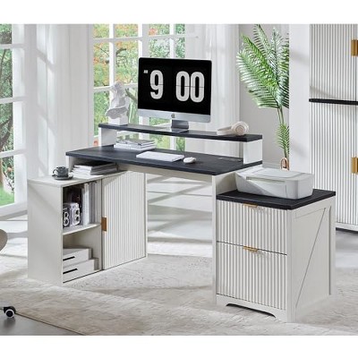 TAJSOON 67" Modern L Shaped Desk with Storage Cabinet & Drawers, Antique White