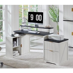TAJSOON 67" Modern L Shaped Desk with Storage Cabinet & Drawers, Wood Home Office Desk with Power Outlets, Fluted Computer Writing Desk, Antique White - 1 of 1