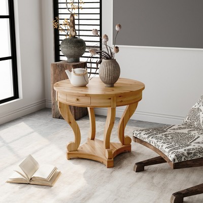 Outdoor Round Coffee Table,Side Table With Wood Grain Distressed Tabletop And 2 Storage Drawers For Dining Room Or Living Room-Coolbibila