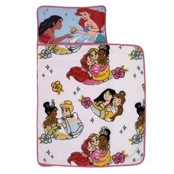Disney Princesses Courage and Kindness Pink, Blue, and White Ariel, Tiana, Moana, Cinderella, Mulan, and Belle Toddler Nap Mat