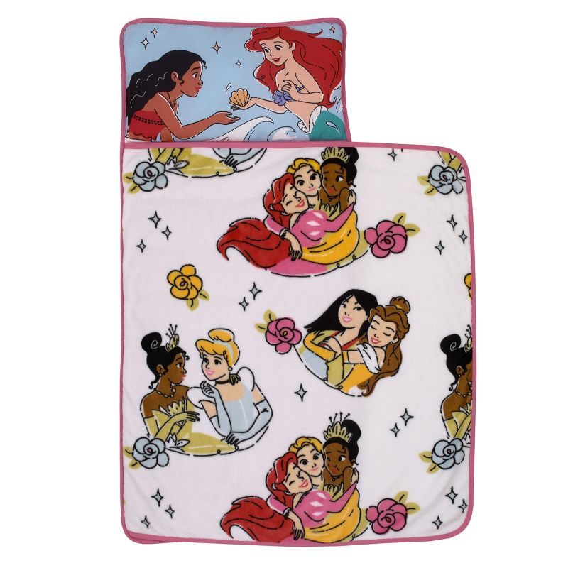 Disney Princesses Courage and Kindness Pink, Blue, and White Ariel, Tiana, Moana, Cinderella, Mulan, and Belle Toddler Nap Mat, 1 of 8