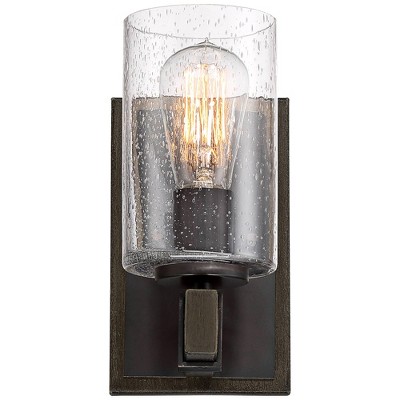 Bronze and Wood Grain Industrial Wall Sconce with Seedy Glass Shade