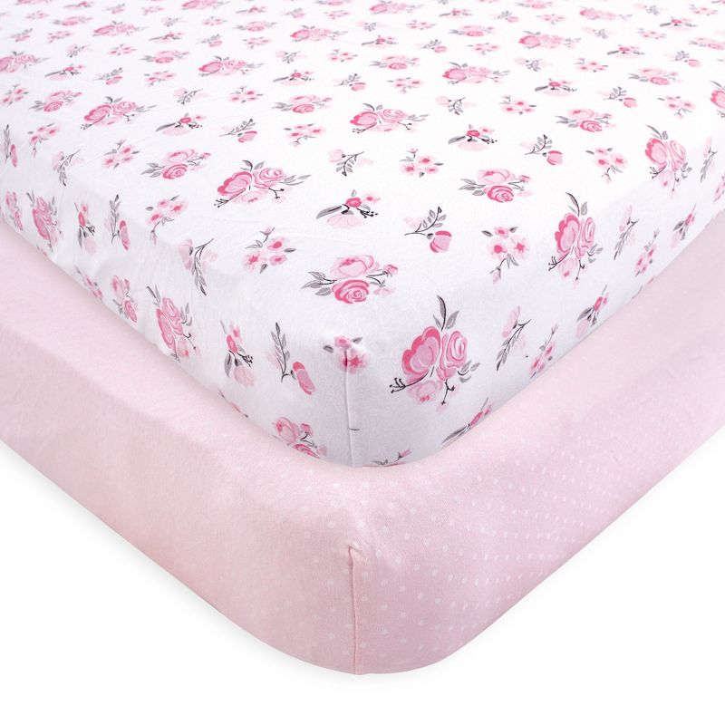 Hudson Baby Infant Girl Cotton Fitted Crib Sheet, Pink Floral, One Size, 1 of 3