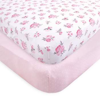 Hudson Baby Infant Girl Cotton Fitted Crib Sheet, Pink Floral, One Size