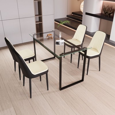 NicBex Dining Table for 4 Modern Kitchen Table Chairs Set with Glass Tabletop and 4 Thick Cushion PU Chairs for Kitchen