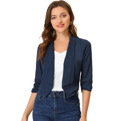 Allegra K Women's 3/4 Ruched Sleeve Shawl Lapel Lightweight Open Front Cardigans