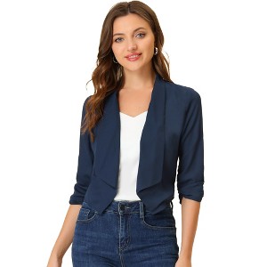 Allegra K Women's 3/4 Ruched Sleeve Shawl Lapel Lightweight Open Front Cardigans - 1 of 4