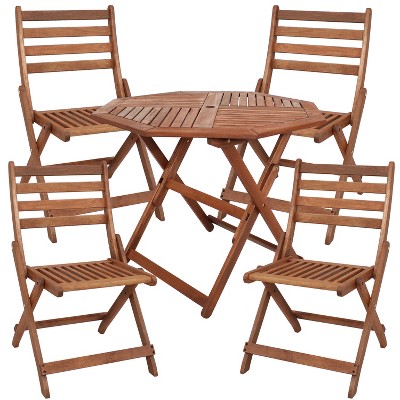 Sunnydaze Outdoor Meranti Wood with Teak Oil Finish Octagon Dining Table with Folding Chairs - Brown - 5pc