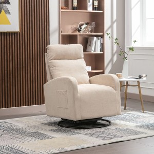 Beige Upholstered Swivel Glider: Modern Nursery Rocking Chair with Left-Side Storage Bag - 1 of 4