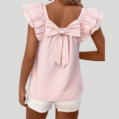 Amaryllis Women’s Ruffle Sleeve Back Bow Textured Woven Top Square Neckline Feminine Fit Soft Lightweight Blouse