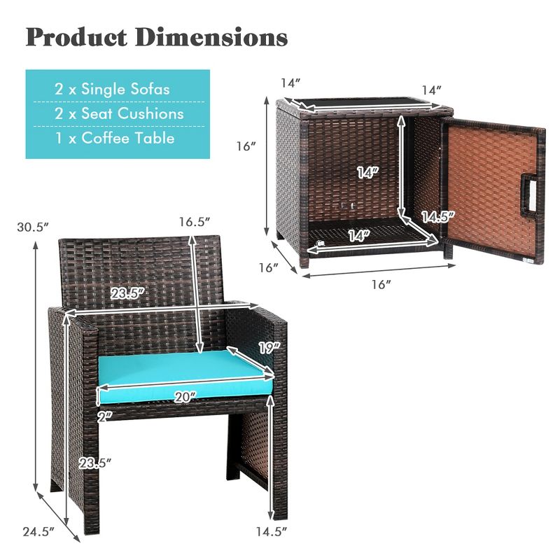 Costway 3PCS Patio Wicker Furniture Set Storage Table W/Protect Cover Cushioned, 4 of 11