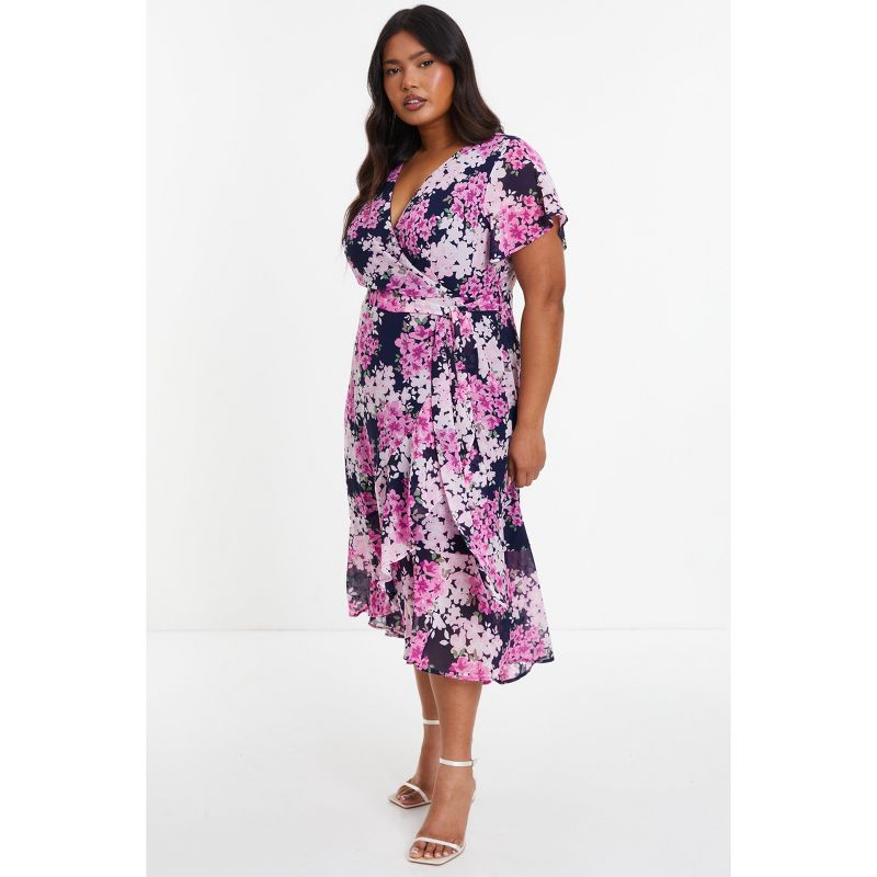QUIZ Women's Plus Size Floral Print Midi Dip Hem Dress, 2 of 6