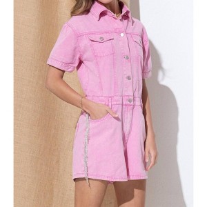 Women's Washed Denim Overall Romper - Blue B - 1 of 3