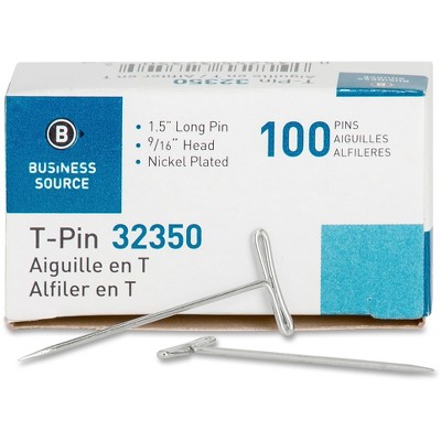 Business Source T-Pins 9/16" Head Width 1-1/2" L 100/BX Silver 32350