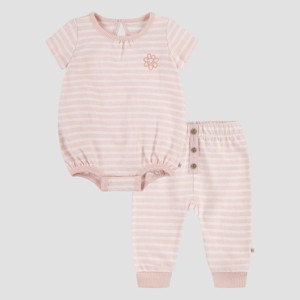 Huggies Baby Girls' Flower Short Sleeve Bodysuit & Pants Set - Pink - 1 of 4