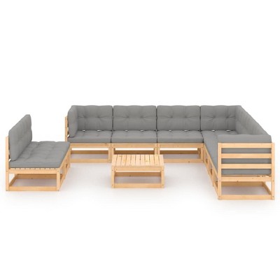vidaXL Patio Furniture Set 10 Piece Outdoor Sectional Sofa Solid Wood Pine - Natural With Cushions