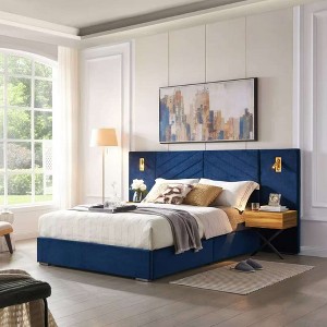 Whisen Queen Size Velvet Bed Frame, Upholstered Platform Bed, Vertical Channel Tufted Wingback Headboard - 1 of 4