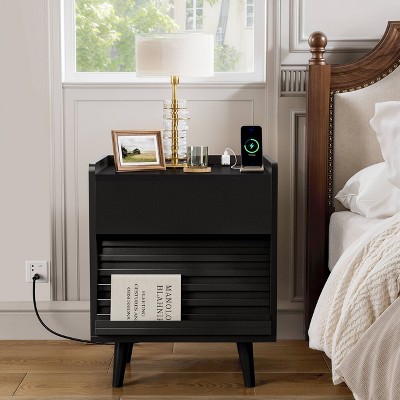 WOWLIVE Wooden Nightstand with 2 Drawers, Modern Bedside Table with Outlets & LED Lights, File Cabinet