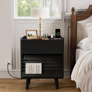 WOWLIVE Wooden Nightstand with 2 Drawers, Modern Bedside Table with Outlets & LED Lights, File Cabinet - 1 of 4