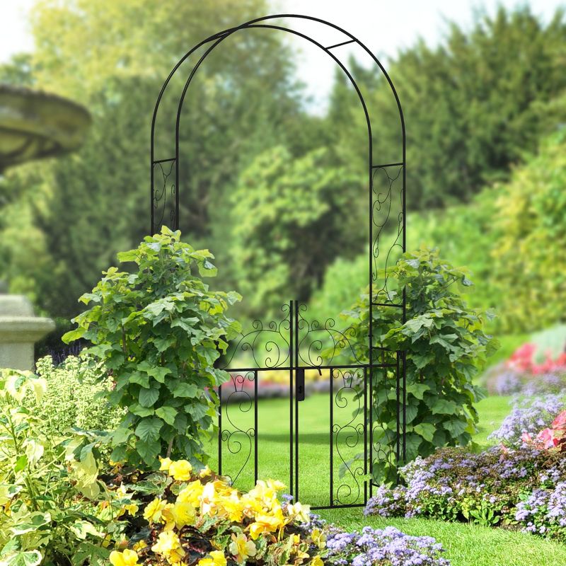 Outsunny 89.25" Metal Garden Arch with Gate, Garden Arbor Trellis for Climbing Plants, Roses, Vines, Wedding Arch, Black, 2 of 7