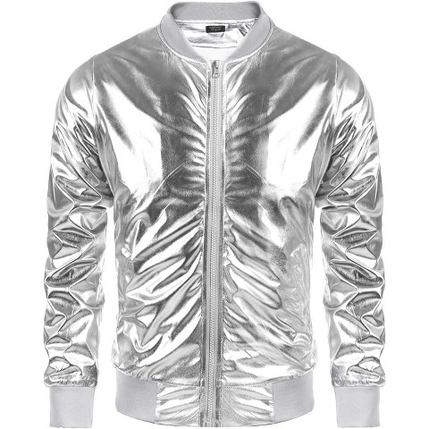 Мужские куртки COOFANDY Men's Metallic Jacket 70s Disco Party Varsity Jacket Zip-up Baseball Bomber Silver XXL