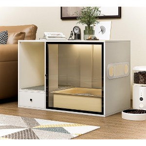 ATJafurn Cat Litter Box Enclosure Modern Furniture Style 37 Inch White, Hidden Kitty Cat Cabinet with Glass Door and LED Strip for Large Cats - 1 of 4