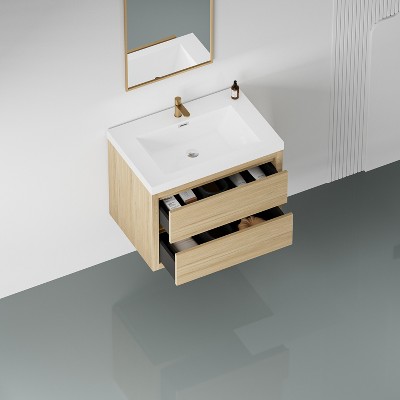GDFStudio Olive Modern 30" W Wall-Mounted Wood Bathroom Vanity with Stone Resin Sink and Two Drawers