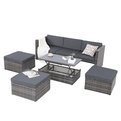 NicBex 5 Piece Outdoor PE Wicker Furniture Set with Lift Top Coffee Table and Lounger Sofa for Garden,Patio