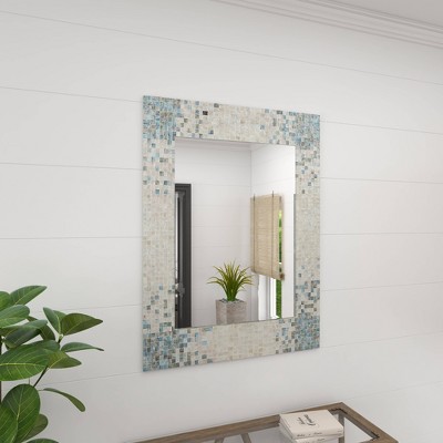 Coastal Cream Rectangular Wall Mirror with Blue Mosaic Corners