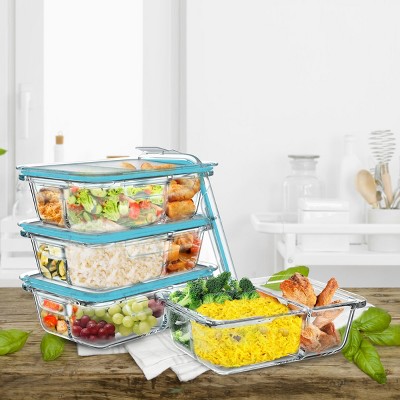 Hastings Home 3-Compartment Glass Food Storage Containers With Lids – 8 Pcs