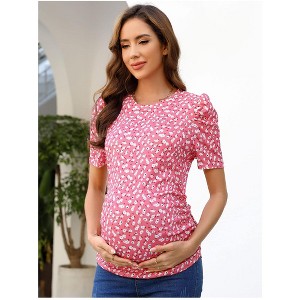 maternity dress Women's Maternity Floral  Puff Sleeve Tunic Blouse - 1 of 4