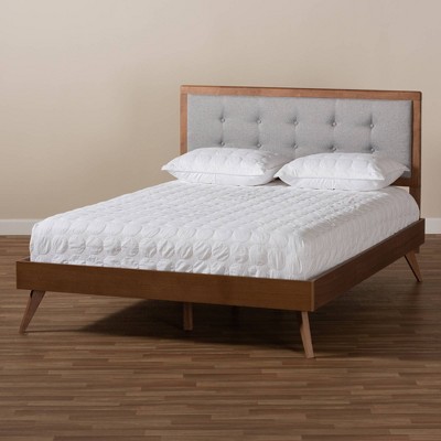 Mid-Century Modern Light Grey Tufted Queen Bed with Walnut Frame
