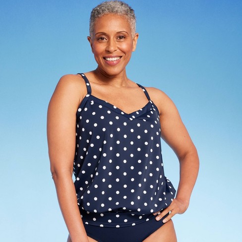 Swimsuits For All Women's Plus Size Loop Strap Blouson Tankini Set 14 Blue  Dots, Black 