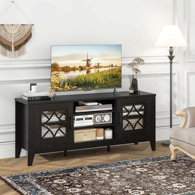 Black MDF TV Stand with Adjustable Shelves and Glass Doors