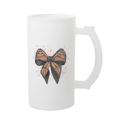 Elanze Designs Freezable Beer Stein Mug With Thumb Grip Handle, 16 Ounce Frosted Glass, Orange Monarch Bow