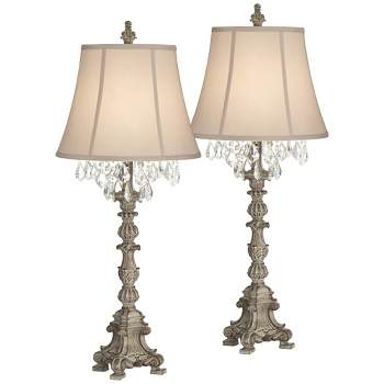 Barnes and Ivy Duval 34" Tall Candlestick Large French Traditional End Table Lamps Set of 2 Brown White Crystal Living Room Bedroom Beige Shade