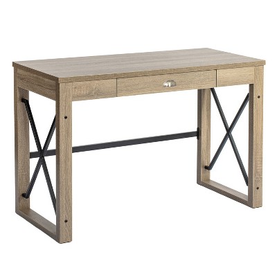 HomeRoots 44" Oak and Black Wood and Metal Sled Computer Desk