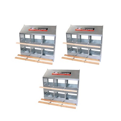 Brower 406B Galvanized Steel 6 Hole, 30 Bird Outdoor Poultry Nest Chicken Brooding Box with Hinged Folding Perches, Silver (3 Pack)
