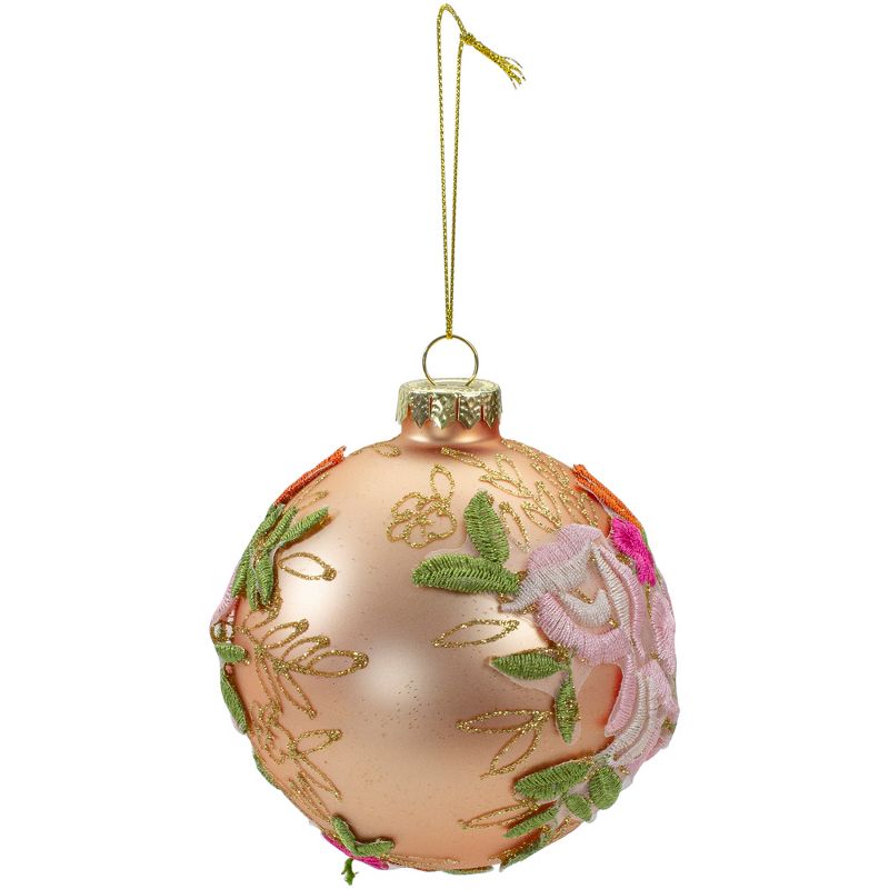 Northlight 2-Finish Pink Floral Applique Glass Christmas Ball Ornament 4" (100mm), 4 of 5